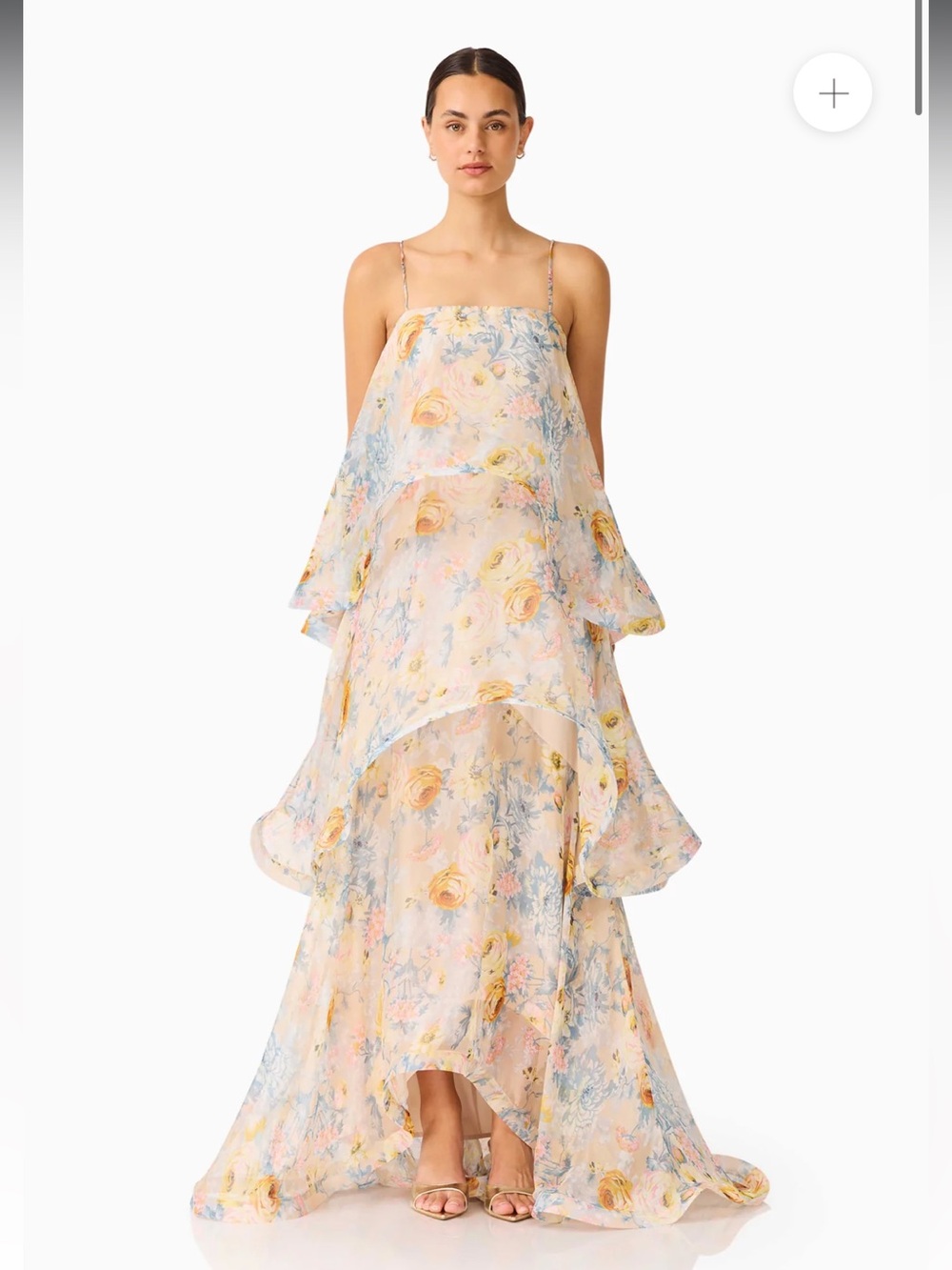 elliatt armani yellow floral print tiered ruffle flared maxi gown dress medium